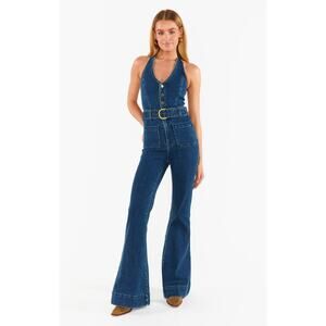 Show Me Your Mumu Size Large Blue Fort Worth Denim Halter Jumpsuit Belted O5-8
